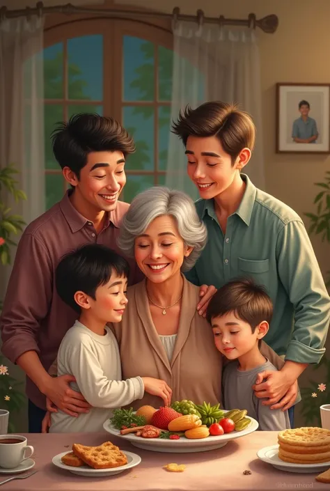My mother has short hair, is 66 years old, weighs 103 kilograms, and has 3 sons: the first son is 33 years old, the second son i...
