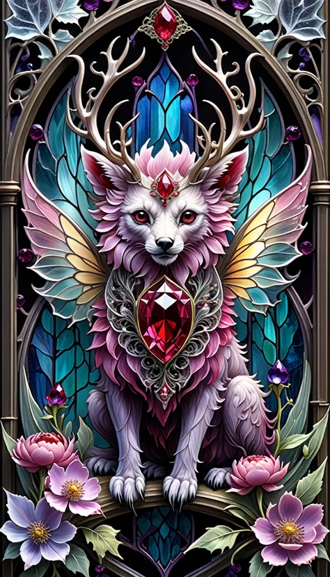 triadic colors, cinematic, official art, close fairytale transparent glass wendigo ruby peony flowers, ice hoarfrost, baroque, C...