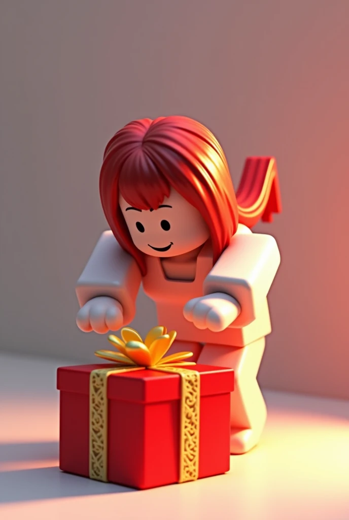 Roblox bacon avatar opening a present, red present with yellow lace