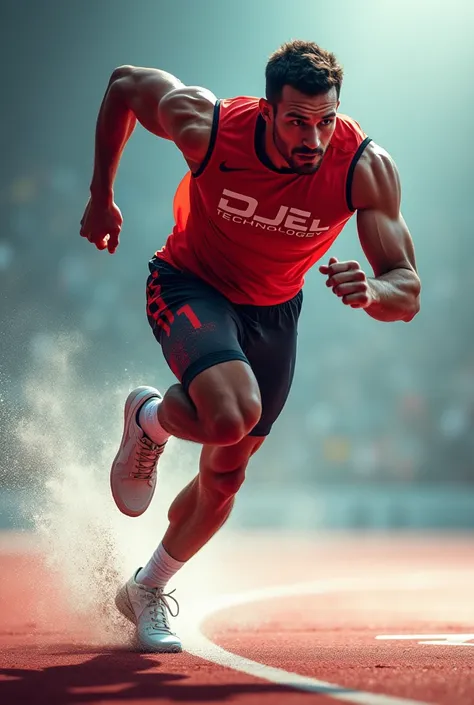 Un coureur avec un maillot avec mention DJEL TECHNOLOGY 