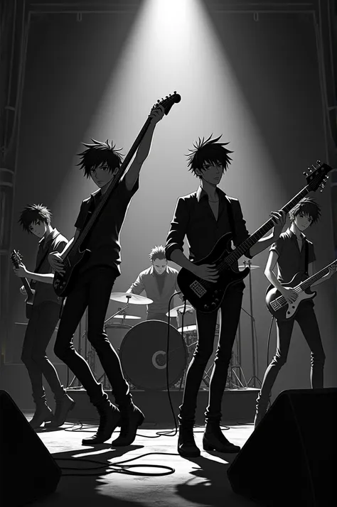 Make a black White anime picture of a Rock band