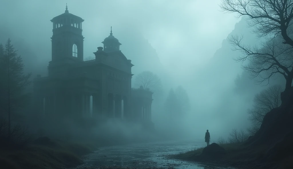 Mysterious fog, Ancient ruins, Fog drifts in the air, Silhouette of ruins, Atmosphere of history, Echoes of a lost era