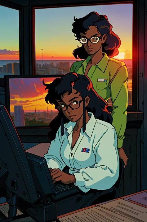 cowboy bebop, black female character, dark skinned, black girl, 30, long hair, brown eyes, blue light, wearing Ralph lauren, typ...