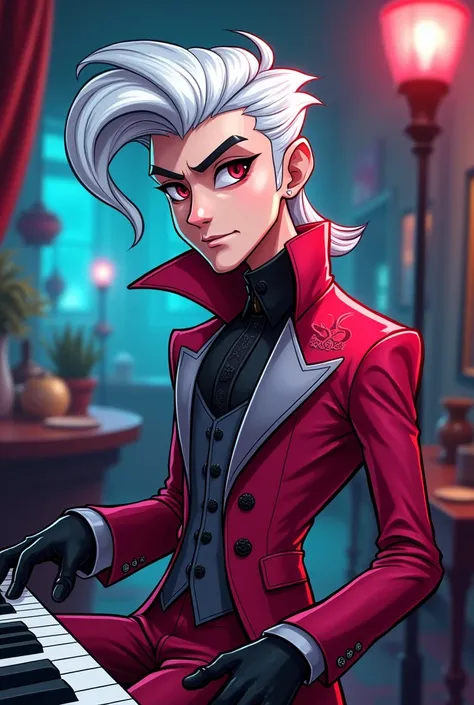((Hazbin hotel toon style image)) In Hazbin Hotel, Amadeus has a striking appearance with a crimson and grey outfit, reminiscent...