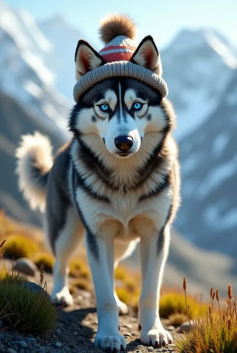 everest, paw patrol, husky, ((solo)), female, feral, tail, hat, grass, standing, looking at viewer, by crumbles, full body, anat...