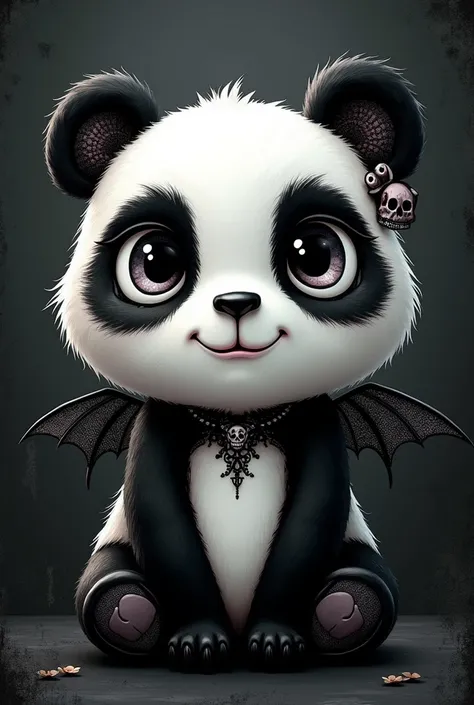 Cartoon panda logo, Black and white image, gothic aesthetic style