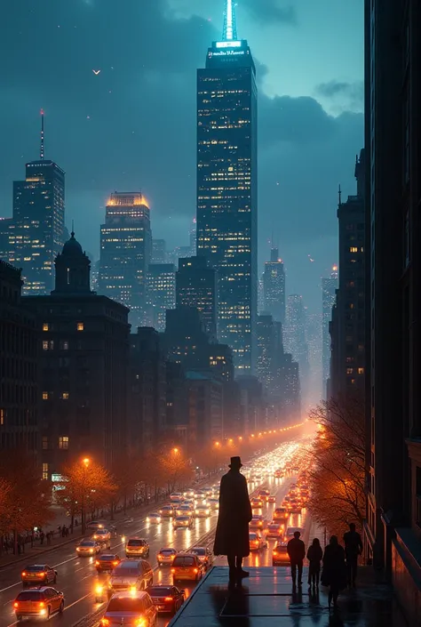 A panoramic view of the city at dusk, with bright lights and bustling traffic. In the background, A glowing-eyed figure looks do...