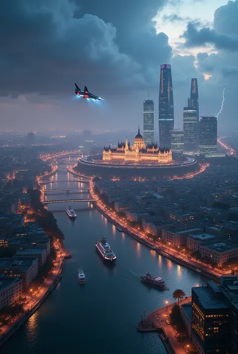 Future Budapest city (with signature buildings like the parliament) seen from an airplane:1.5,thunder:1.4,port,flying spaceship,...