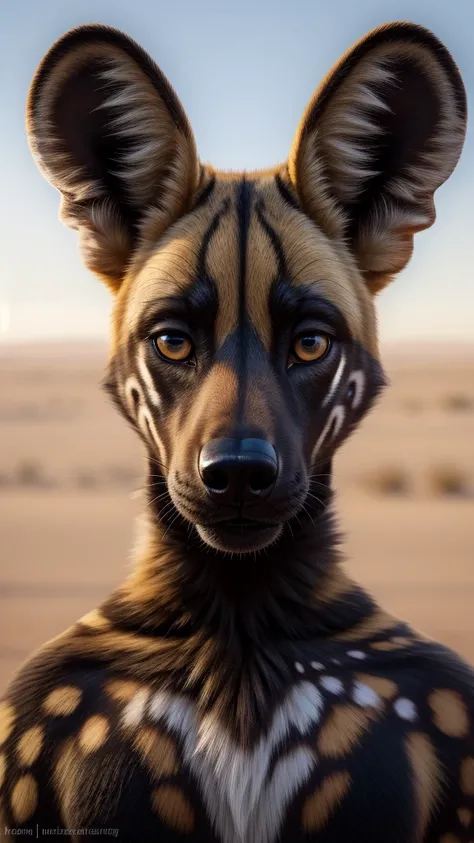 White African wild dog looking at camera, South Africa background,