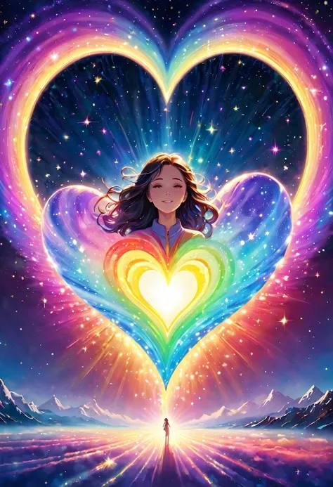 In the center is a heart in rainbow pastel colors. This heart emits light and creates a light effect around it. ripples of light...