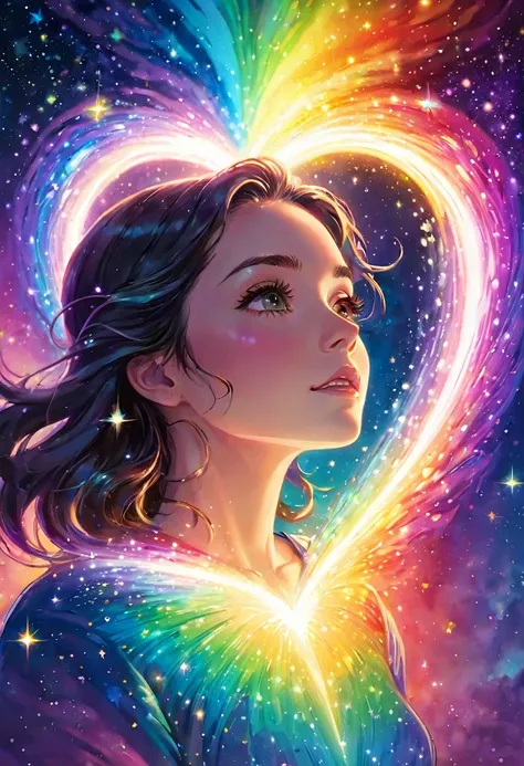 In the center is a heart in rainbow pastel colors. This heart emits light and creates a light effect around it. ripples of light...
