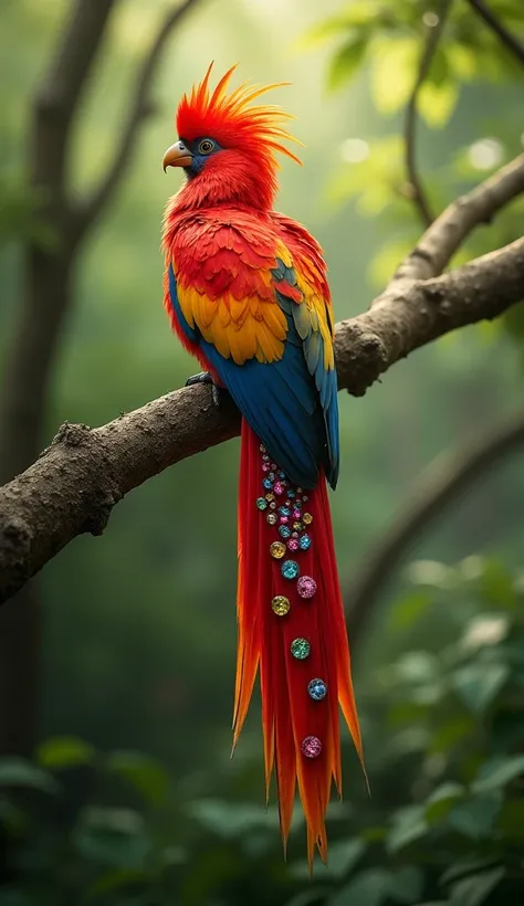 A majestic bird with red feathers, a vibrant yellow and orange crest, and a long tail adorned with colorful spots, perched on a ...