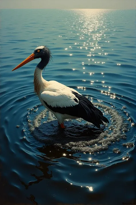 Oil spill in ocean and stork got stuck on oil 