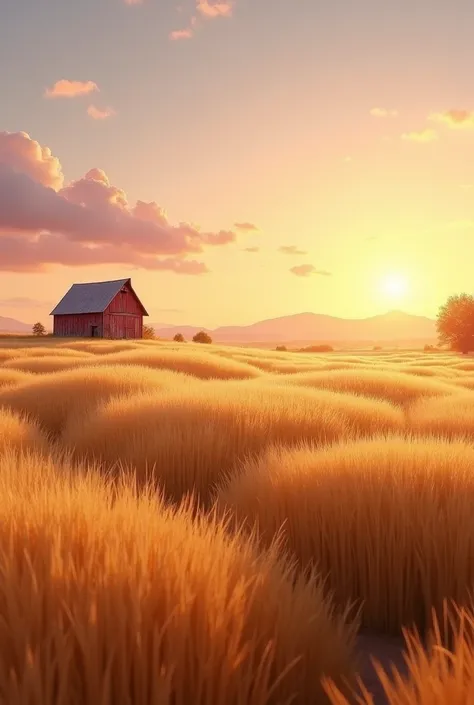 Golden Wheat Fields at Sunrise: Describe a vast expanse of golden wheat fields gently swaying in the early morning breeze. The s...