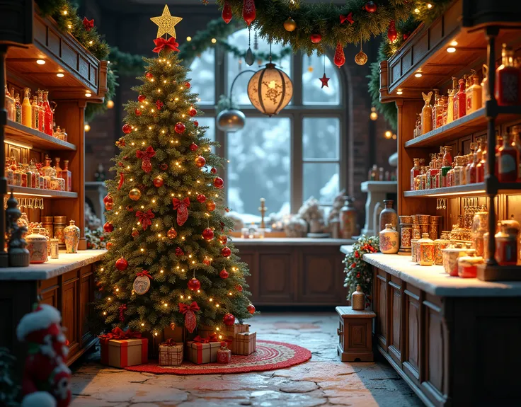 There is a room with Christmas decorations and a Christmas tree, Santas workshop, inside an old magic shop, inside an old magic ...