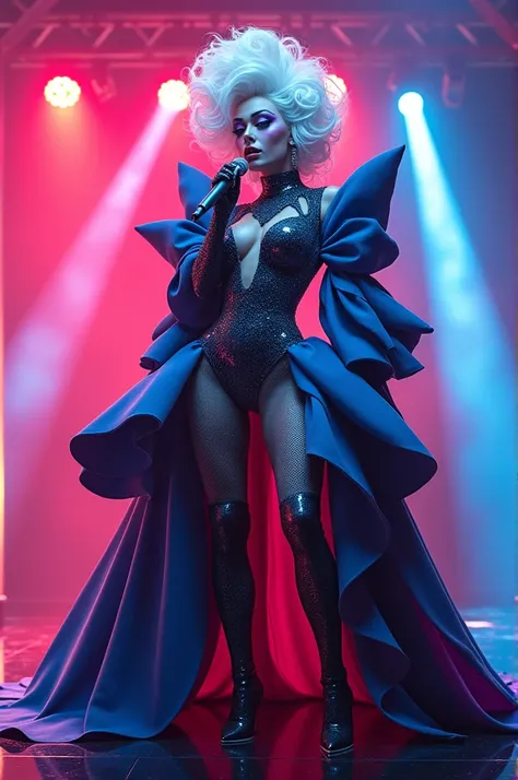 Drag queen with flashy makeup and a very different and modern voluminous outfit singing on a brightly lit stage