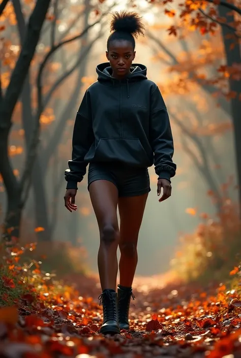 Black woman wearing leather short shorts up in crack black hoodie hair in a bun black leather boots walking in the woods fall ti...