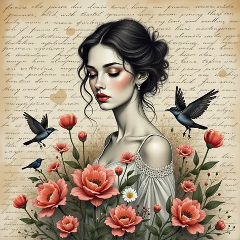 A media mix of a beautiful woman in Paris, flowers and birds on handwritten letters texture background. The artwork combines ink...