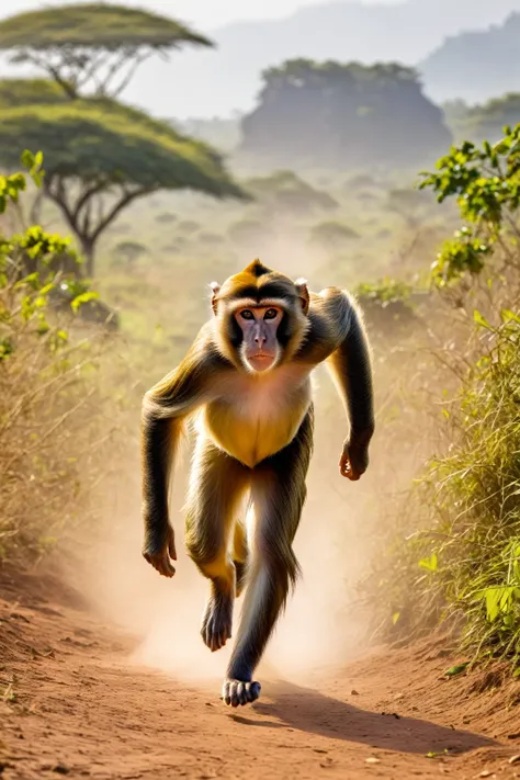 adult monkey running through the African countryside, homens das cavernas