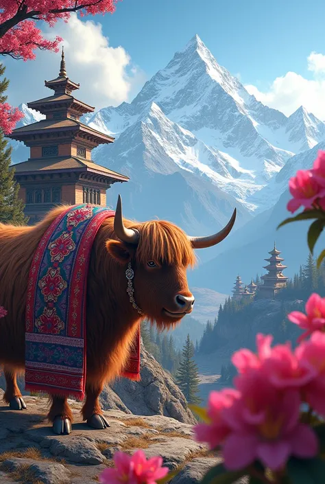 Laynard for nepal theme with rhododendron, yak, temples, mountains