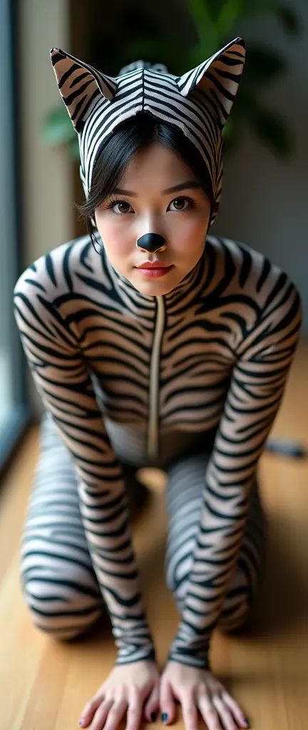 The beautiful Chinese asian adult girl with beautiful cheeks wears plains zebra print lycra turtleneck unitard catsuit covered w...
