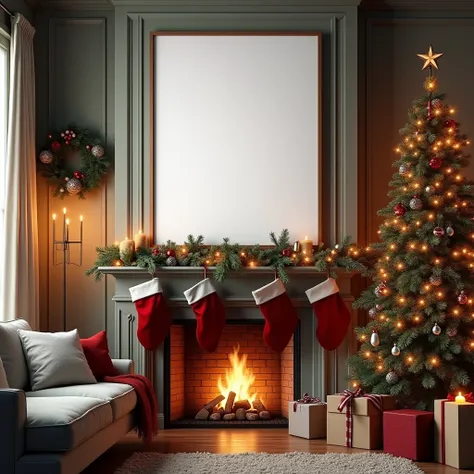 An ultra-realistic living room decorated for Christmas, with a vertical DIN A-sized white-framed canvas hanging on the wall abov...