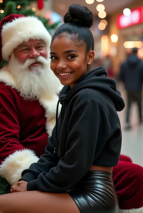 Black woman wearing leather short shorts and black hoodie hair in a bun setting on santas lap in the mall. The look on her face ...