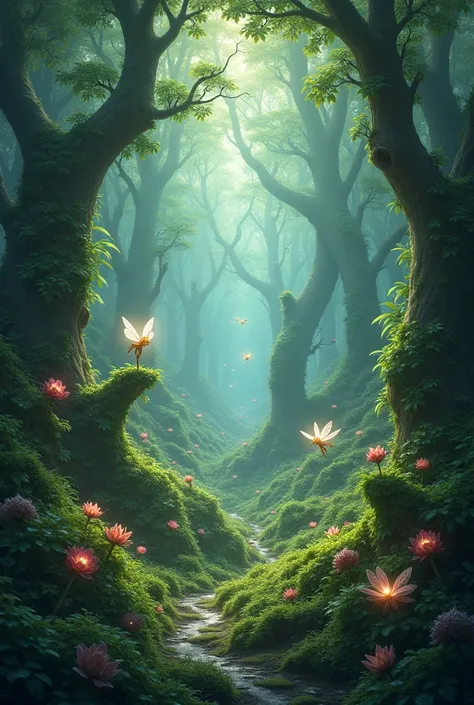 Fantastic forest-type world with green and dark gray tones. In this world there is a whole ecosystem of magical creatures, inclu...