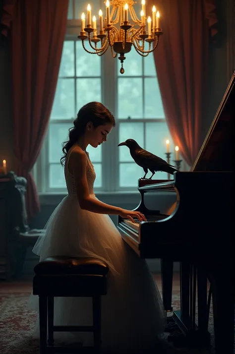 A girl plays the piano in a dark Victorian room accompanied by a crow.