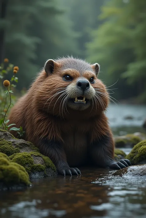 Angry beaver lying down 