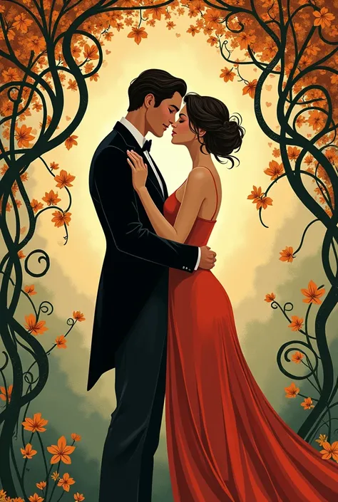 Une affiche art nouveau d’un couple qui s’aime, musique clarinette trompette