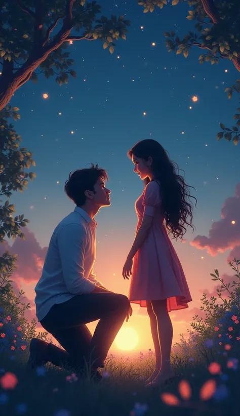 A romantic setting where a man is kneeling down to confess his love to a woman. The backdrop is a starry night with twinkling li...