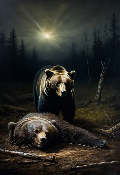 painting of a a bear lies in a clearing, next to the carcass of a dead animal, dark atmosphere, cinematic scene, volumetric ligh...