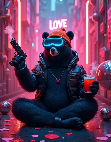 cool NFT art :: background neon words: ( Rock N Roll ) save guard bear in meditation mode sitting with cocktail in one hand and ...