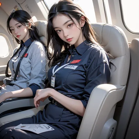A woman wearing a dark blue flight attendant uniform&#39;She&#39;s in a uniform and her breasts are being fondled while standing...