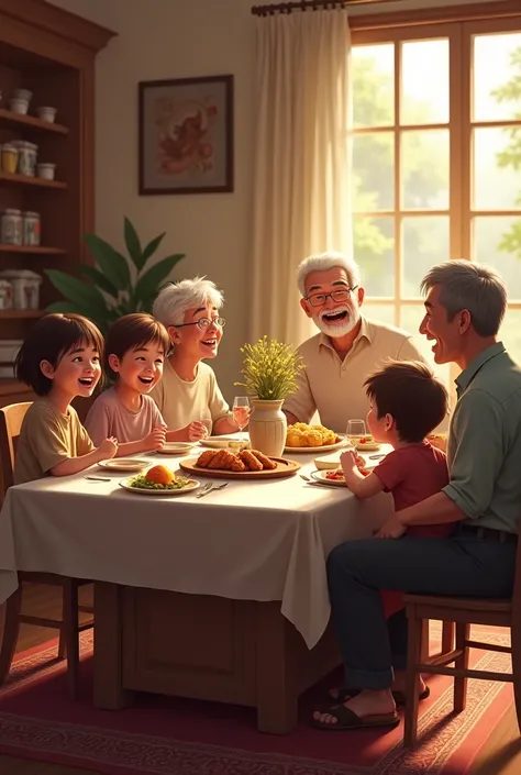 A large table with a woman and man with children laughing together with the grandfather