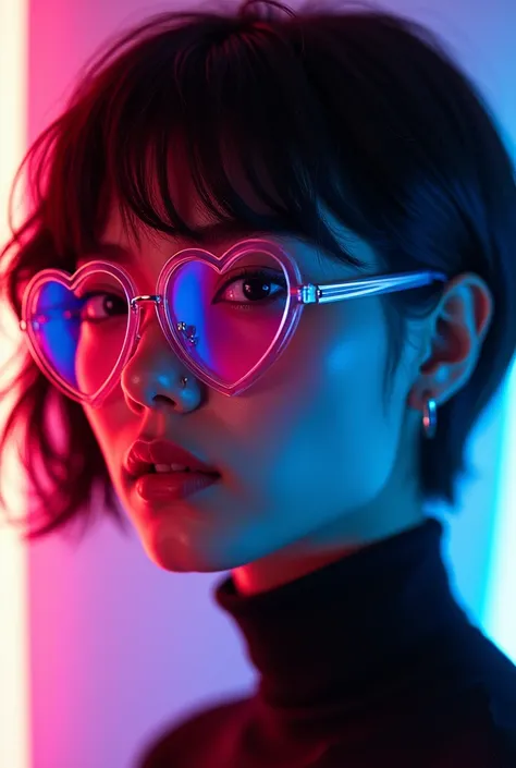 A mesmerizing, close-up portrait of a young woman exudes a synthwave-inspired style, with her stylish side view and intricate fe...