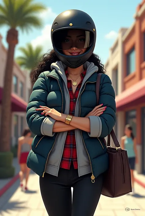 Full body misterious completely hidden face and mouth by biker helmet over head, mouth and nose, white skin latin woman, 57" tal...