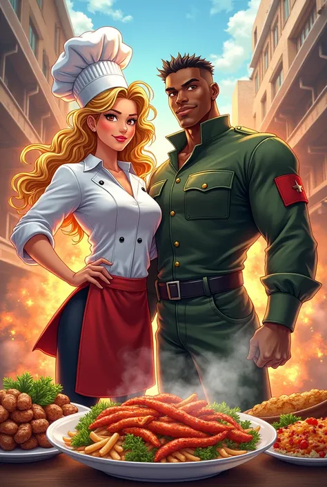 Create a logo for my restaurant where a blonde curly-haired woman with brown eyes appears, who is the chef, next to a black-skin...