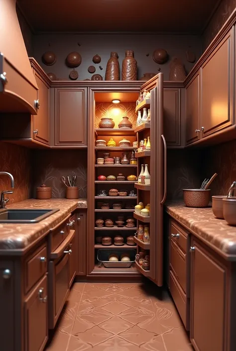 ((masterpiece, 8k, best quality, 8k, super realistic, high resolution:1.3)), Kitchen made of chocolate, open refrigerator, fridg...