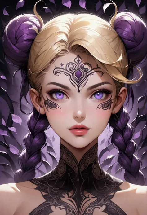 A highly detailed, hyper-realistic portrait painting of a young woman sexy decote Sensual gig titis semi nua with vibrant purple...
