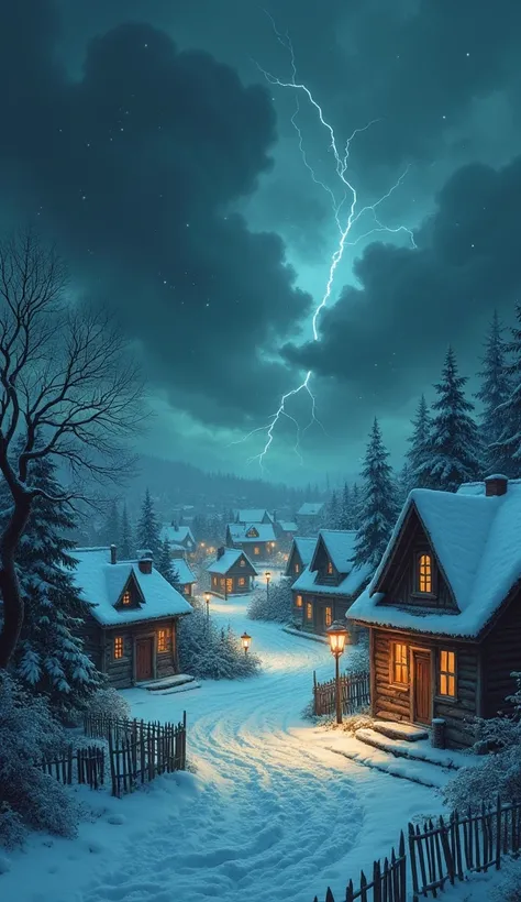 A small village covered in deep snow, with the magical lights starting to dim and flicker. Dark storm clouds loom overhead, and ...
