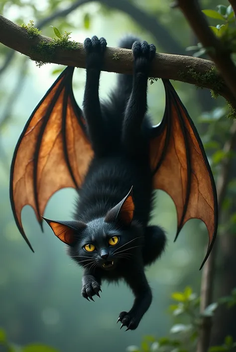 Cat + Bat fusion hybrid A cat with the large, bat-like wings and tiny fangs, hanging upside down from a tree branch.