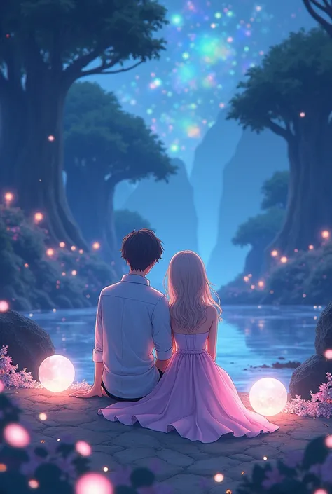 Anime couple sitting on the ground，With glowing spheres, no game no life, beautiful fantasy anime, anime in fantasy style, zeroc...