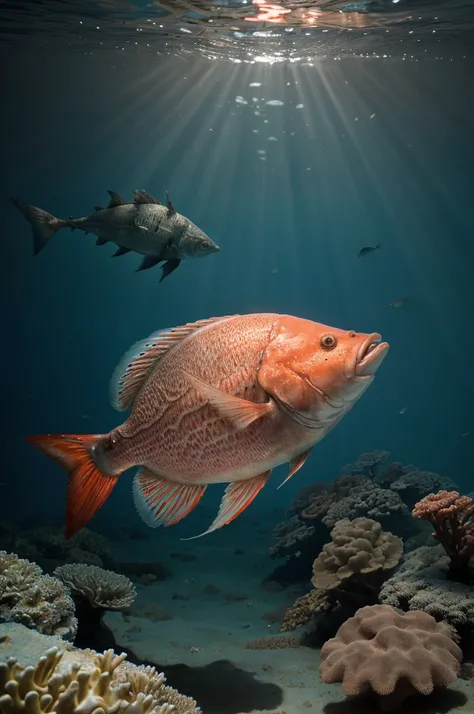 Ultra-realistic photo of a big moonfish swimming in the deep ocean, the massive body gliding through clear blue water, 1 fish in...
