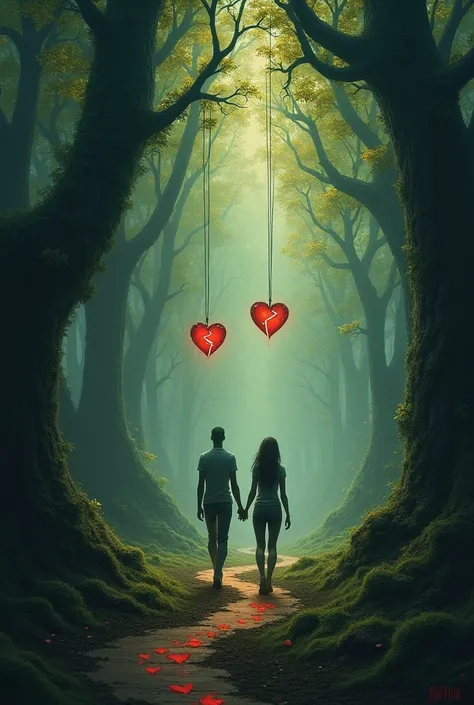 One and one each holding a breaking heart and each following a road in the middle of a forest