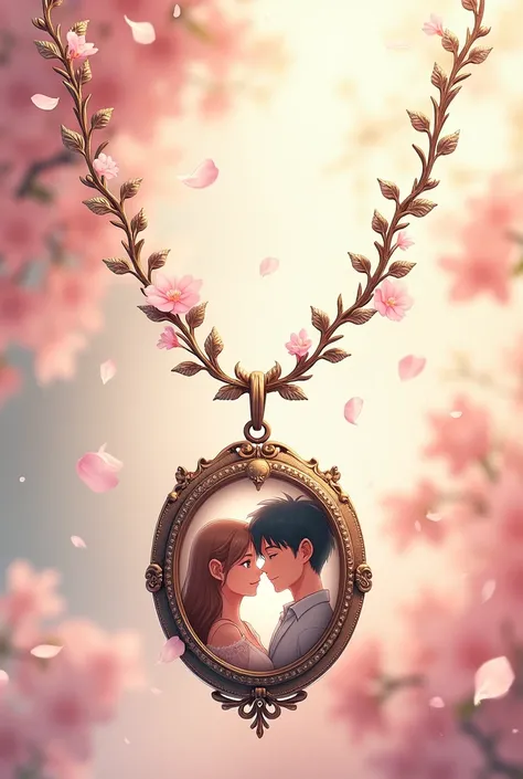 A beautiful necklace with a photo of a couple inside, anime version