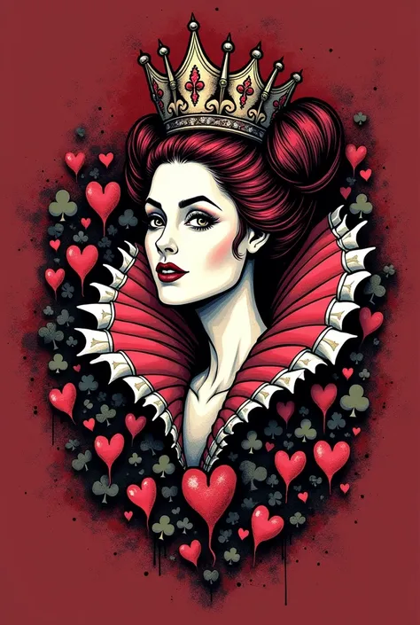 Wine red shirt with a design inspired by the Queen of Hearts from the movie Alice in Wonderland.
