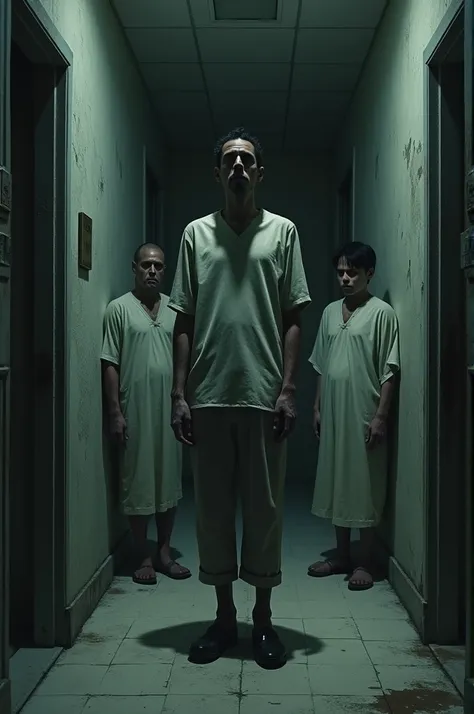 Make a picture inside a mental asylum where there are people in the background staring with judging looks