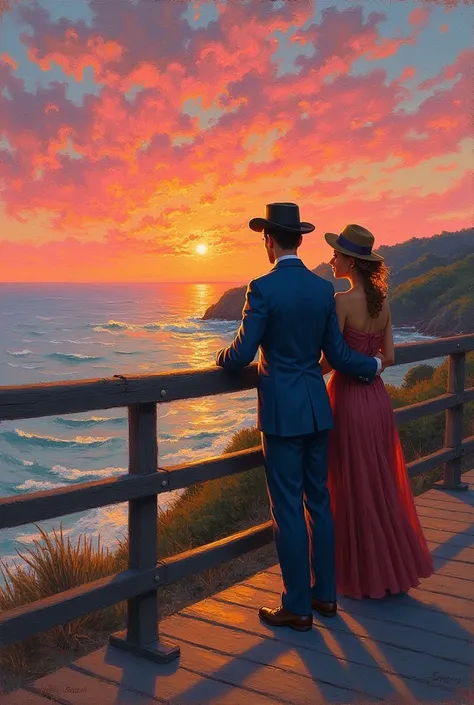 Impressionist style, Van Gogh style, Coney Island, leaning on the railing of a wooden walkway by the sea, the sun setting on the...